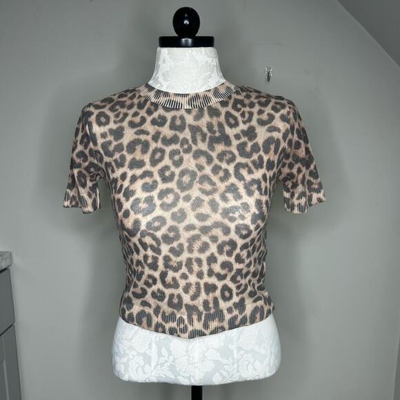 NWT H&M FINE-KNIT T-SHIRT beige leopard print Size XS - Picture 9 of 10